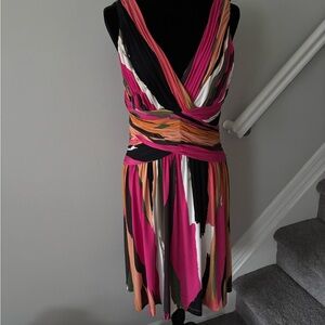 Multi pink, orange, white and black printed dress in size 14